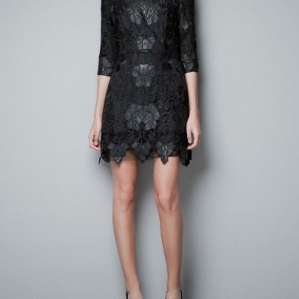 Zara Elegant Black Lace and Leather Dress